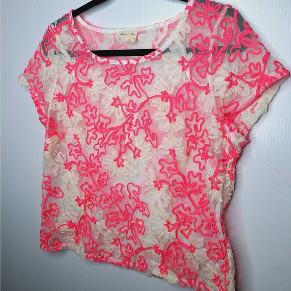 Anthropologie Meadow Rue Top Cherry Blossom Mesh Sheer Medium Barbie Core Pink - Picture 2 of 9